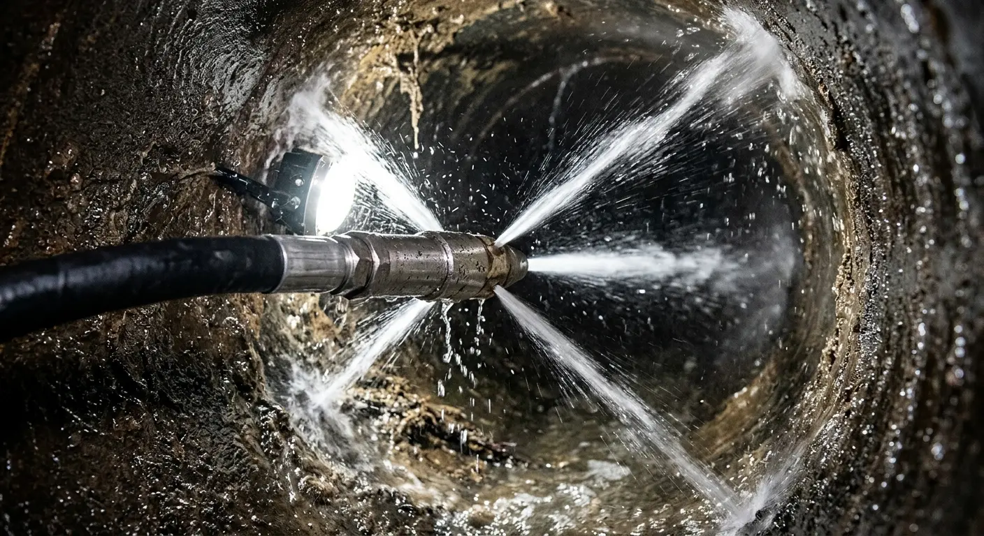 High-pressure hydro jetting nozzle cleaning sewer pipe for Sewer Line Relining in Montrose