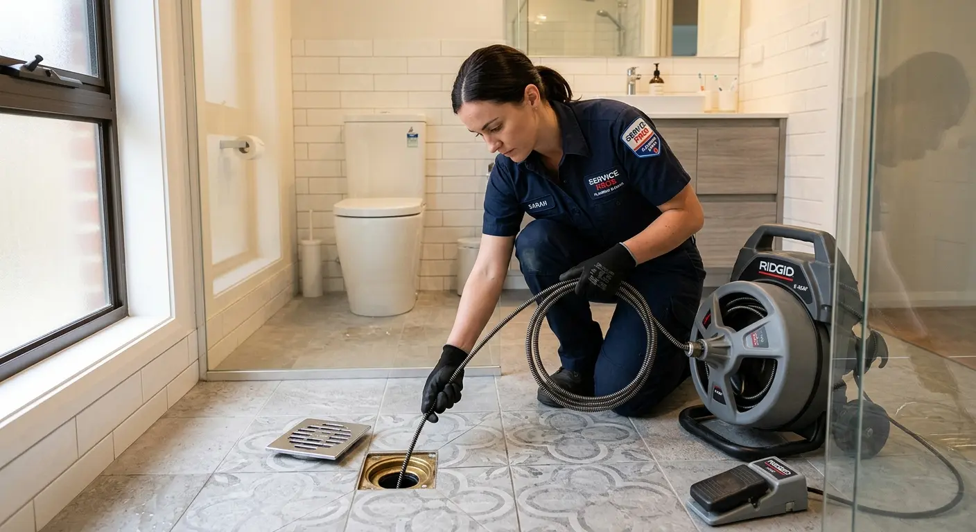 Technician clearing a bathroom floor drain for Hydro Jetting in Montrose